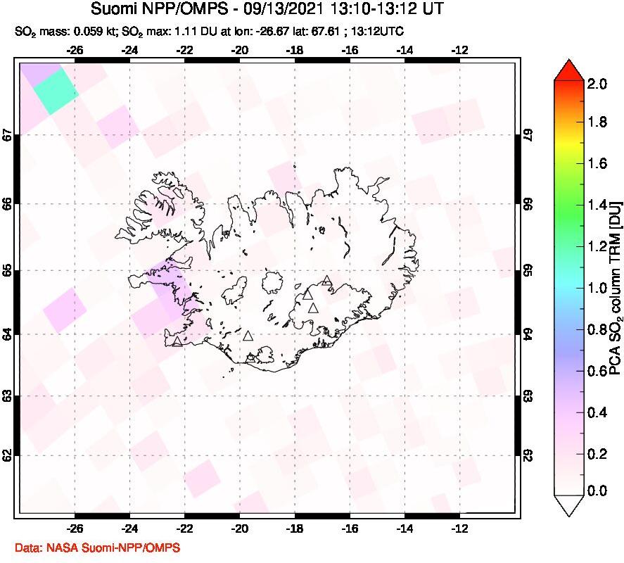 A sulfur dioxide image over Iceland on Sep 13, 2021.