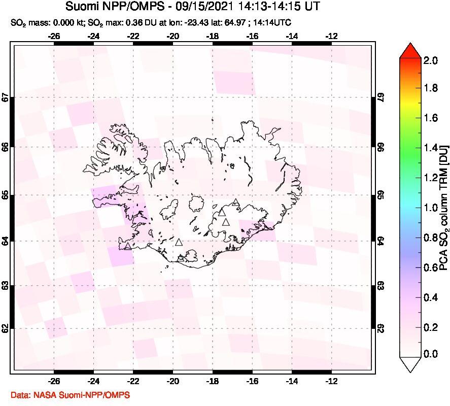 A sulfur dioxide image over Iceland on Sep 15, 2021.