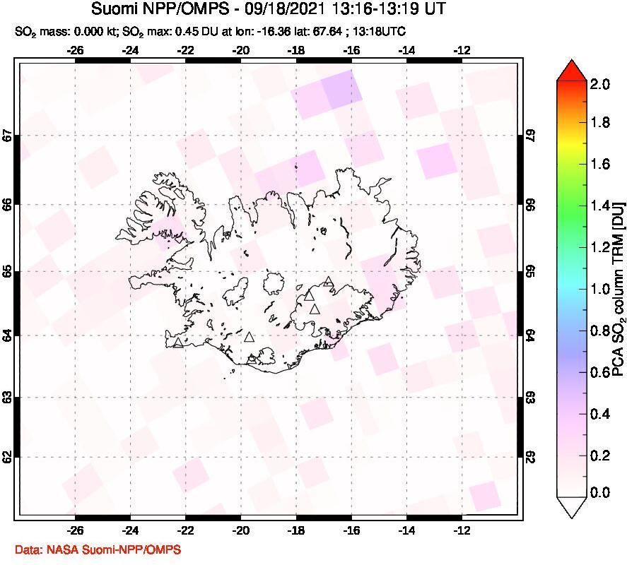 A sulfur dioxide image over Iceland on Sep 18, 2021.