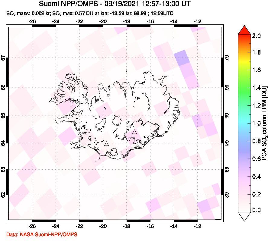 A sulfur dioxide image over Iceland on Sep 19, 2021.