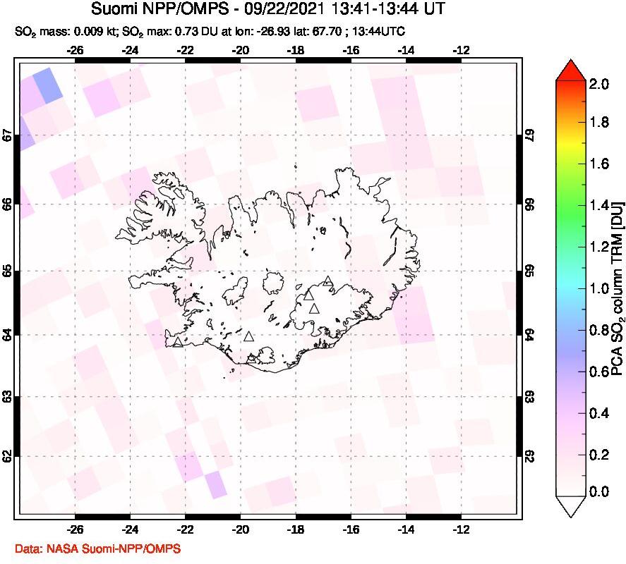 A sulfur dioxide image over Iceland on Sep 22, 2021.