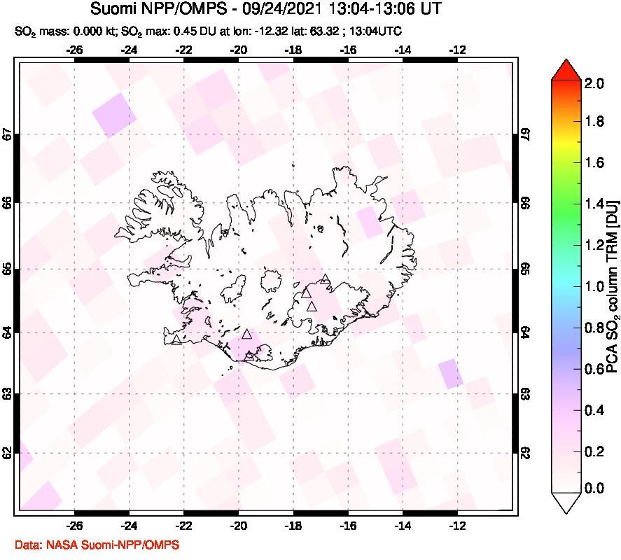 A sulfur dioxide image over Iceland on Sep 24, 2021.