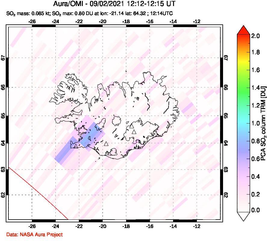A sulfur dioxide image over Iceland on Sep 02, 2021.