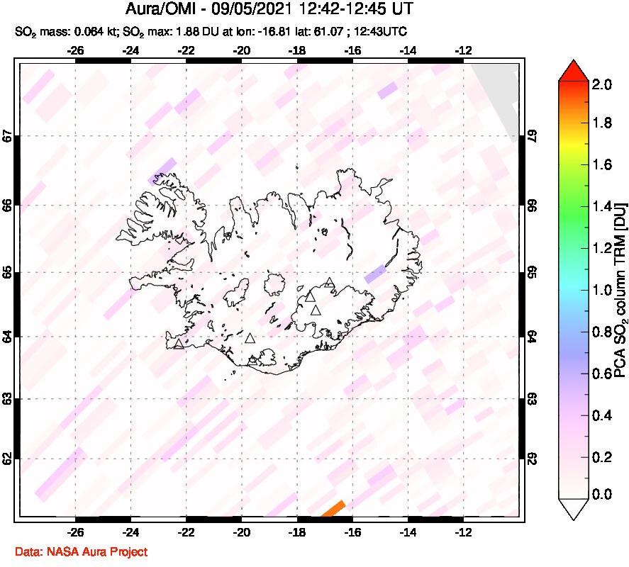 A sulfur dioxide image over Iceland on Sep 05, 2021.