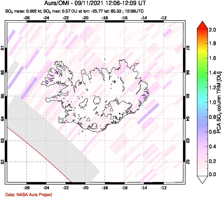 A sulfur dioxide image over Iceland on Sep 11, 2021.