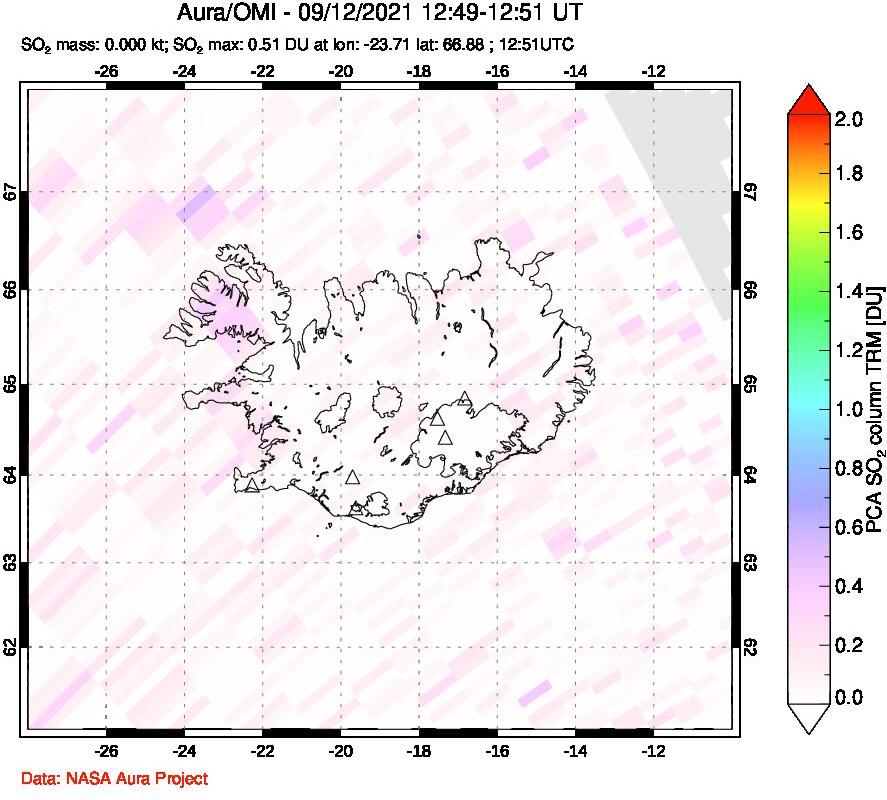 A sulfur dioxide image over Iceland on Sep 12, 2021.