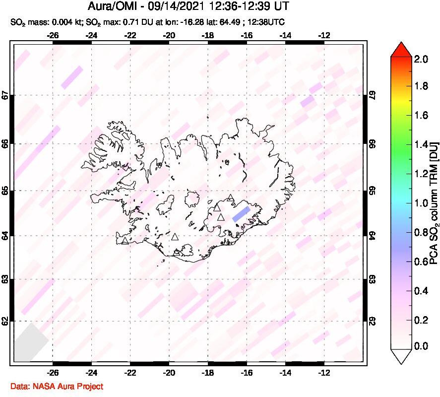 A sulfur dioxide image over Iceland on Sep 14, 2021.