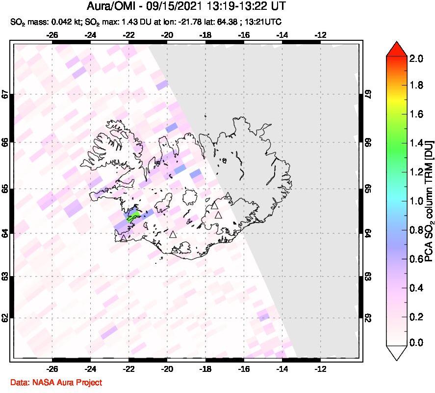 A sulfur dioxide image over Iceland on Sep 15, 2021.