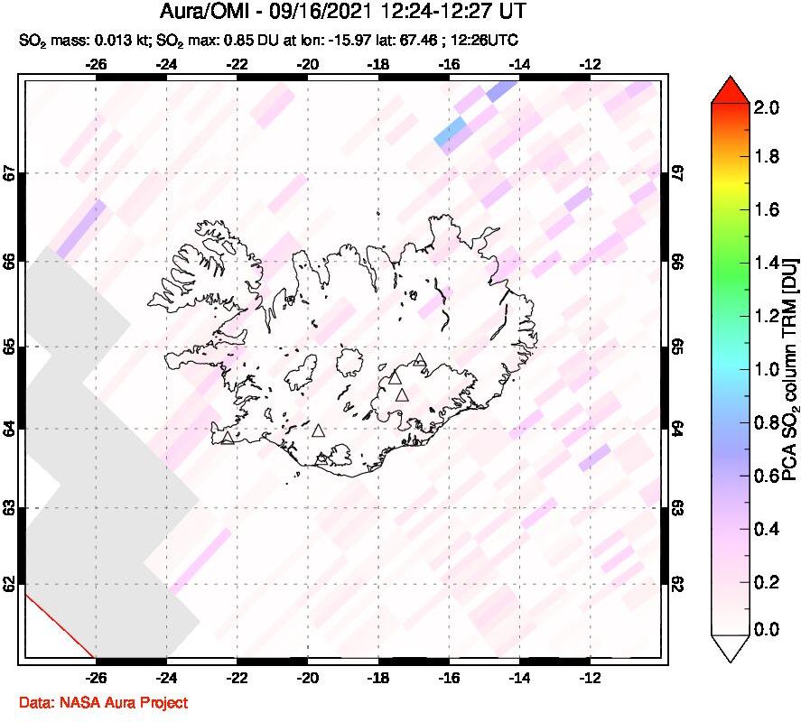 A sulfur dioxide image over Iceland on Sep 16, 2021.