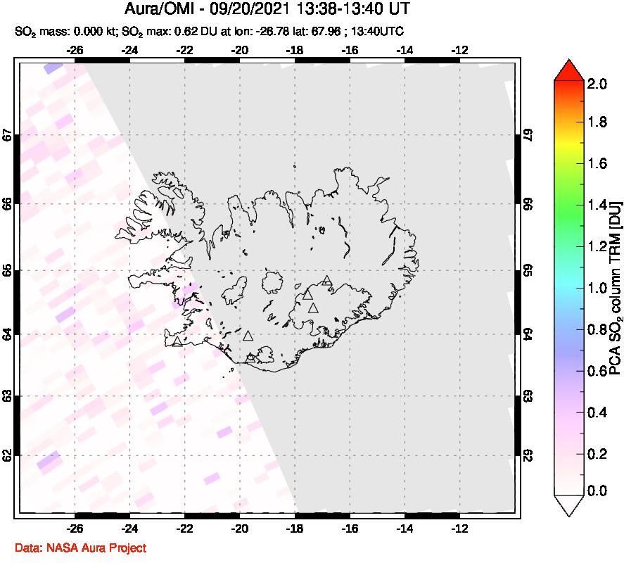 A sulfur dioxide image over Iceland on Sep 20, 2021.