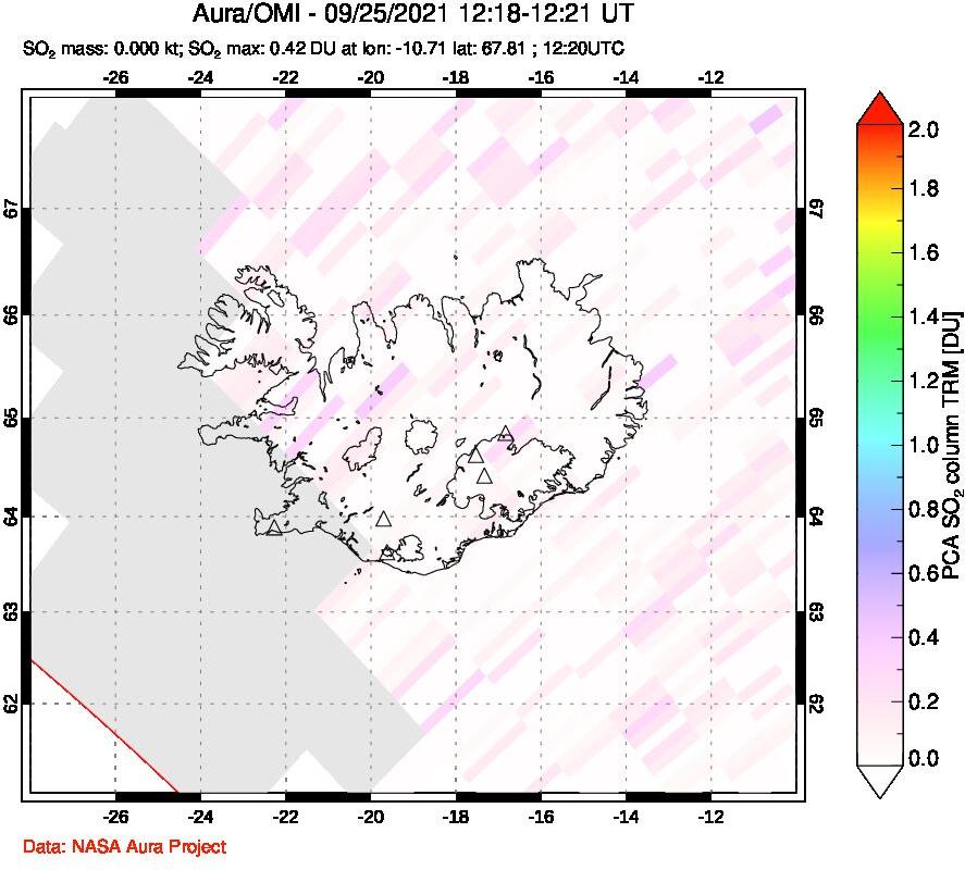 A sulfur dioxide image over Iceland on Sep 25, 2021.