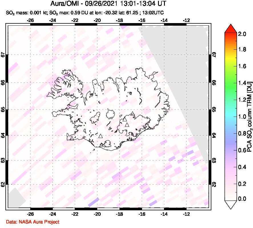 A sulfur dioxide image over Iceland on Sep 26, 2021.