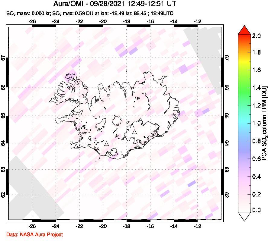 A sulfur dioxide image over Iceland on Sep 28, 2021.