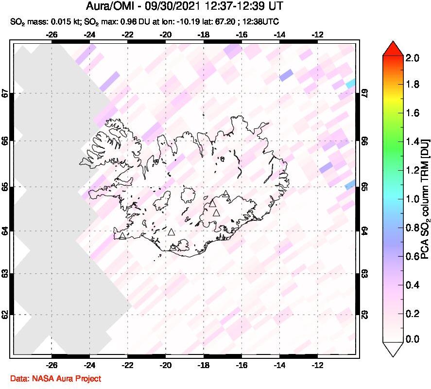 A sulfur dioxide image over Iceland on Sep 30, 2021.