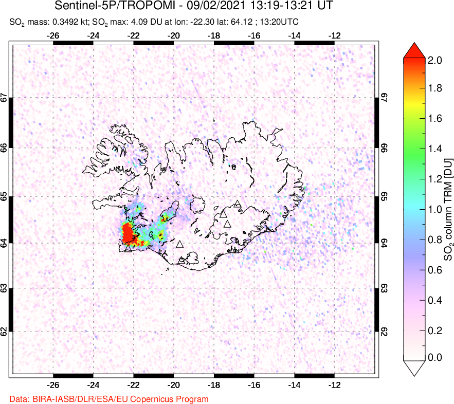 A sulfur dioxide image over Iceland on Sep 02, 2021.