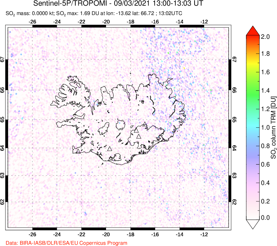A sulfur dioxide image over Iceland on Sep 03, 2021.