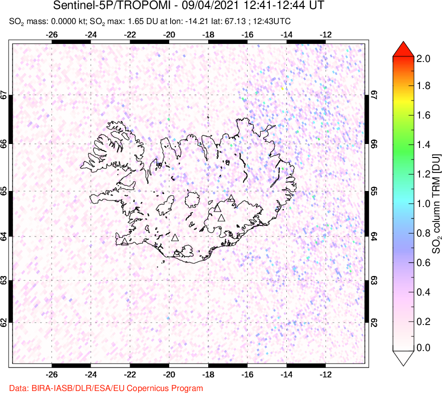 A sulfur dioxide image over Iceland on Sep 04, 2021.