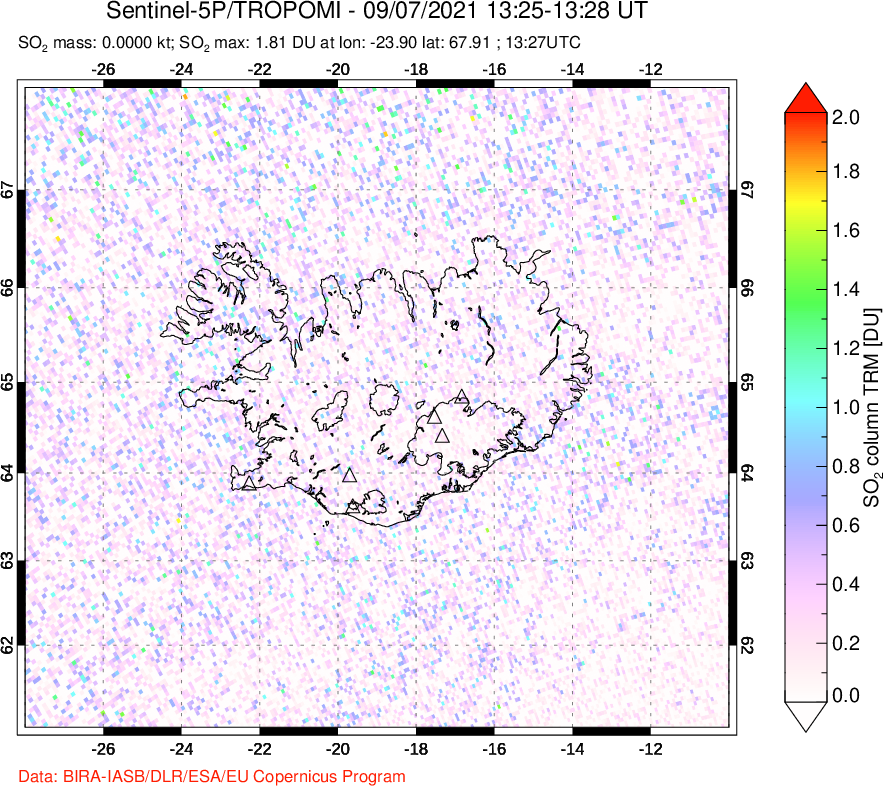 A sulfur dioxide image over Iceland on Sep 07, 2021.