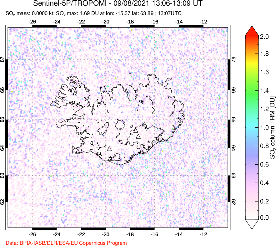 A sulfur dioxide image over Iceland on Sep 08, 2021.