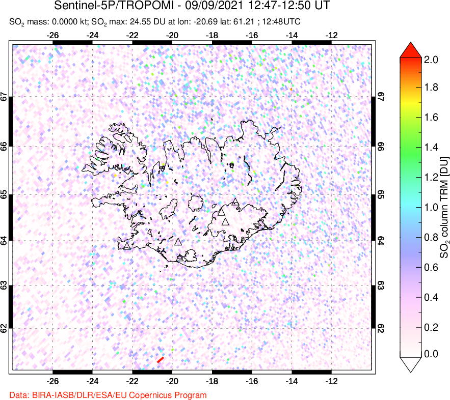 A sulfur dioxide image over Iceland on Sep 09, 2021.