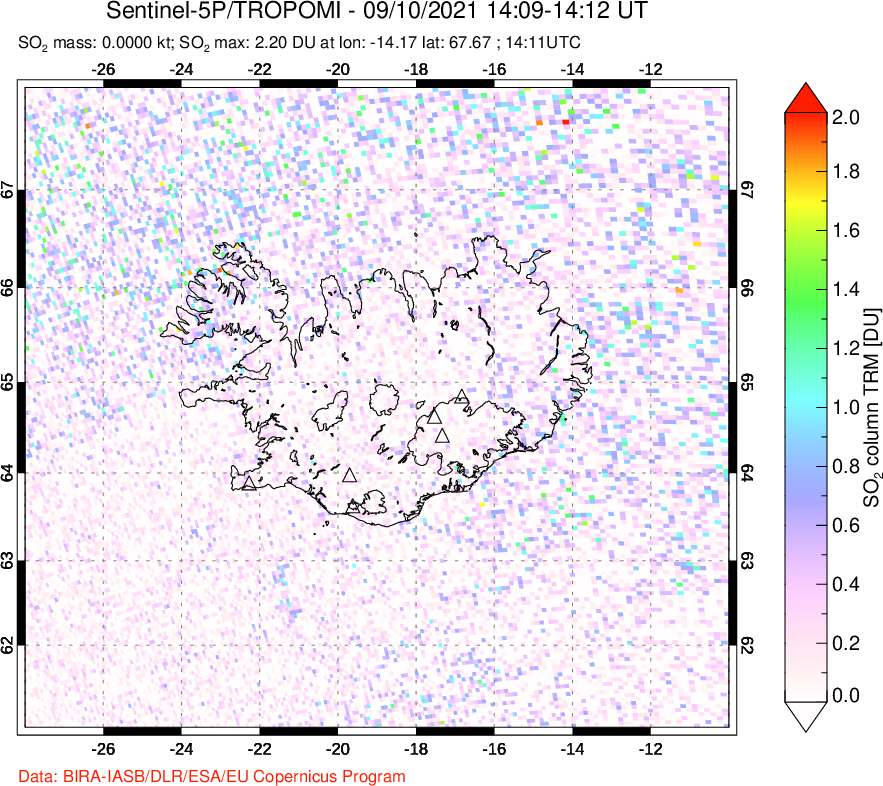 A sulfur dioxide image over Iceland on Sep 10, 2021.