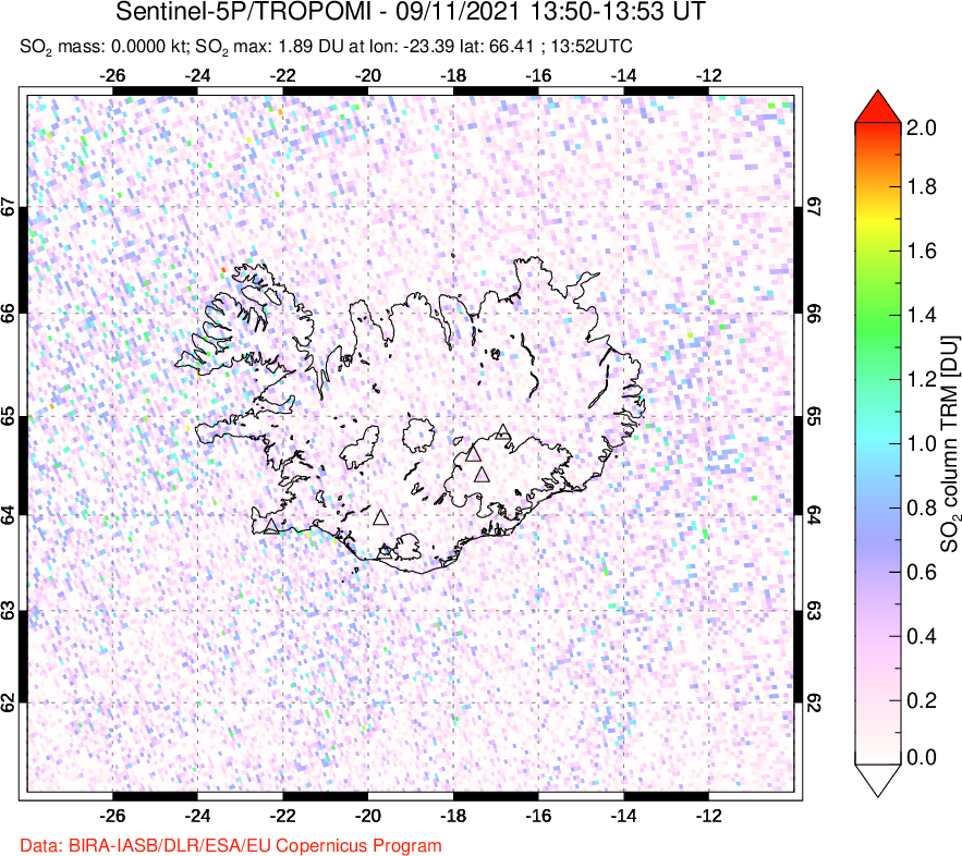 A sulfur dioxide image over Iceland on Sep 11, 2021.