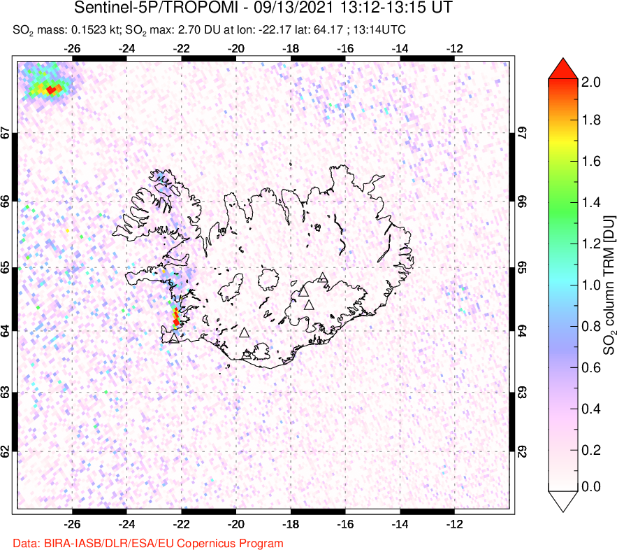 A sulfur dioxide image over Iceland on Sep 13, 2021.