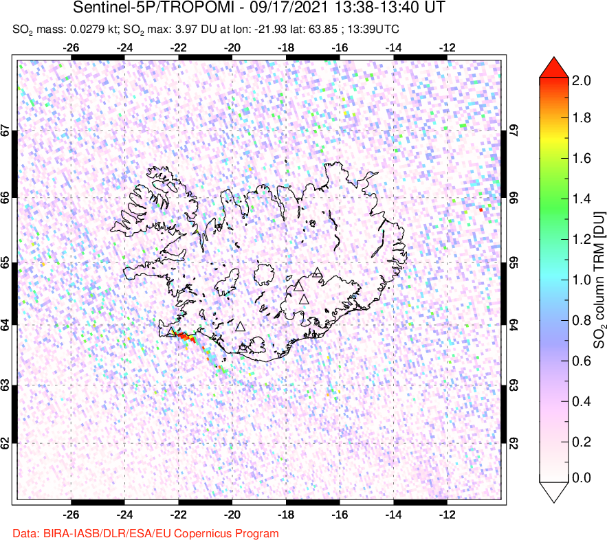 A sulfur dioxide image over Iceland on Sep 17, 2021.