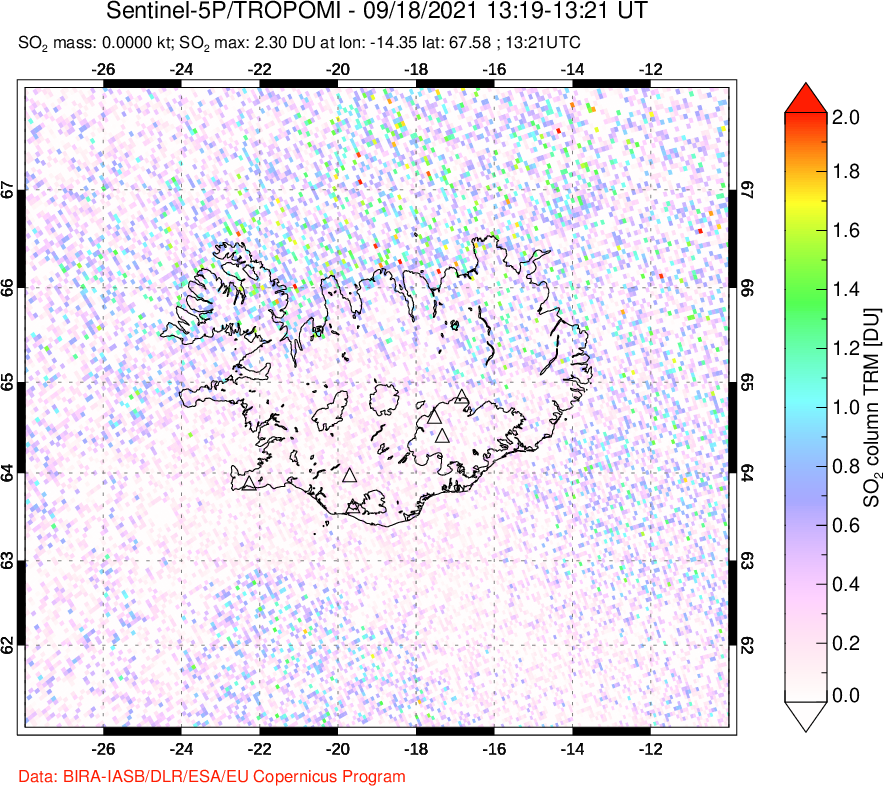 A sulfur dioxide image over Iceland on Sep 18, 2021.