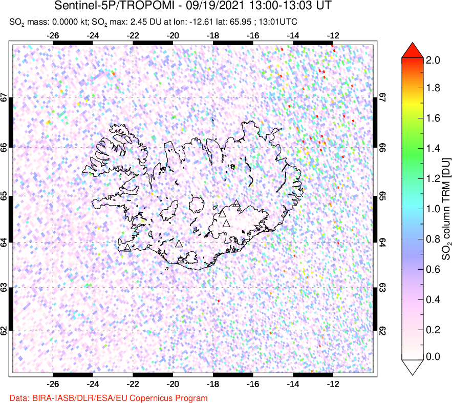 A sulfur dioxide image over Iceland on Sep 19, 2021.