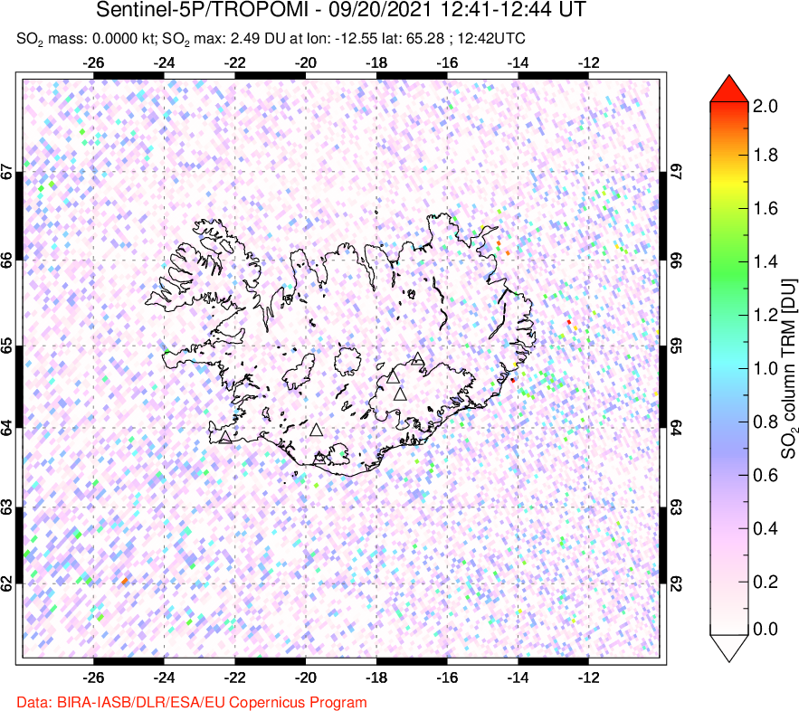 A sulfur dioxide image over Iceland on Sep 20, 2021.