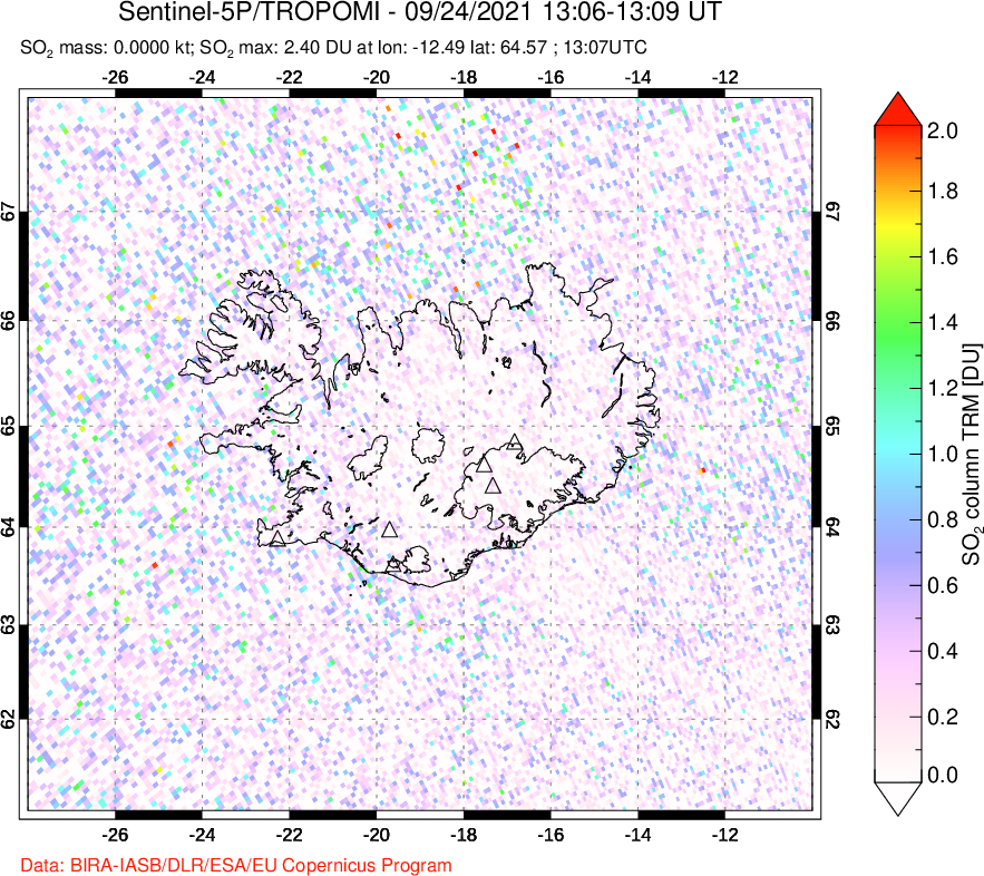A sulfur dioxide image over Iceland on Sep 24, 2021.