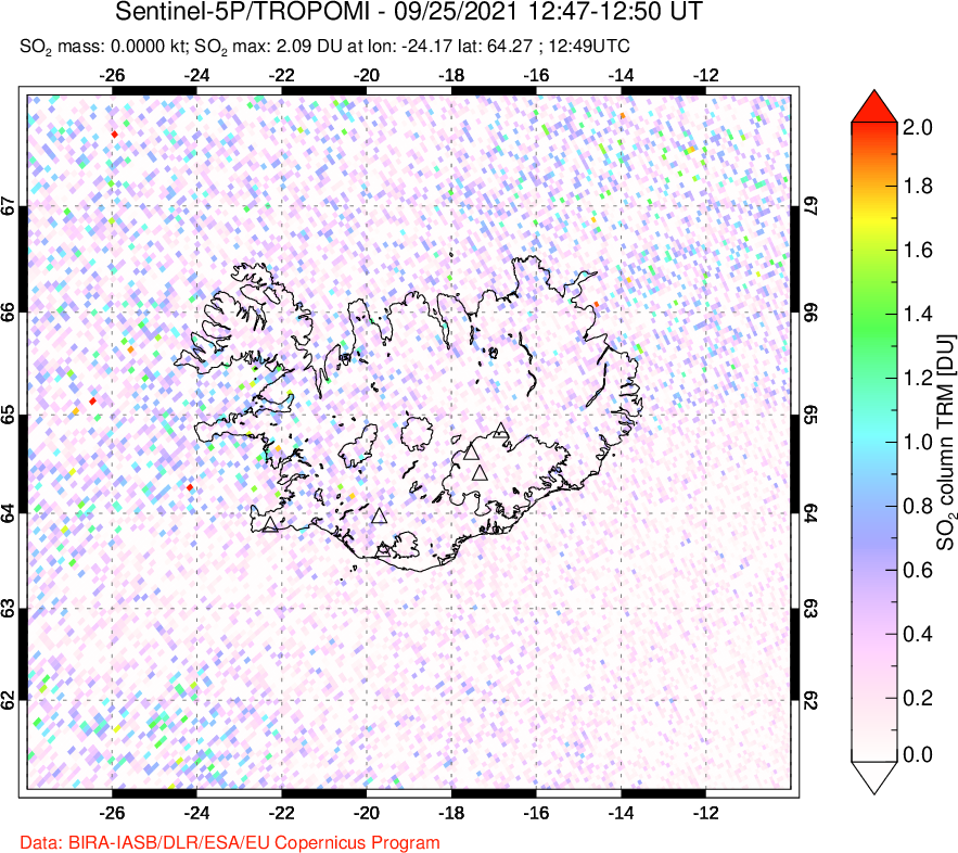 A sulfur dioxide image over Iceland on Sep 25, 2021.