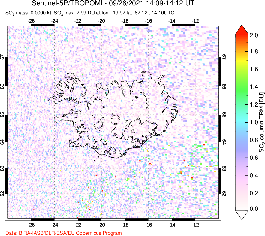 A sulfur dioxide image over Iceland on Sep 26, 2021.