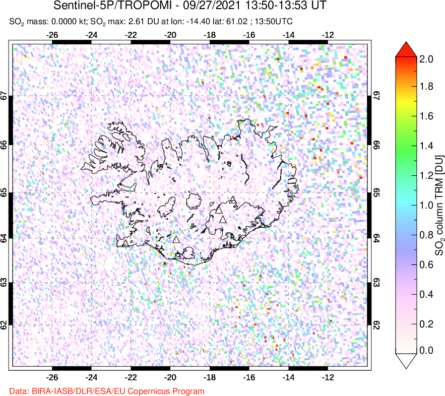 A sulfur dioxide image over Iceland on Sep 27, 2021.