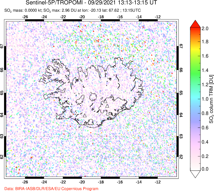 A sulfur dioxide image over Iceland on Sep 29, 2021.