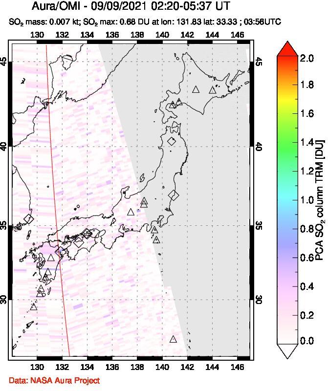 A sulfur dioxide image over Japan on Sep 09, 2021.