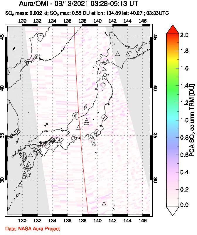 A sulfur dioxide image over Japan on Sep 13, 2021.