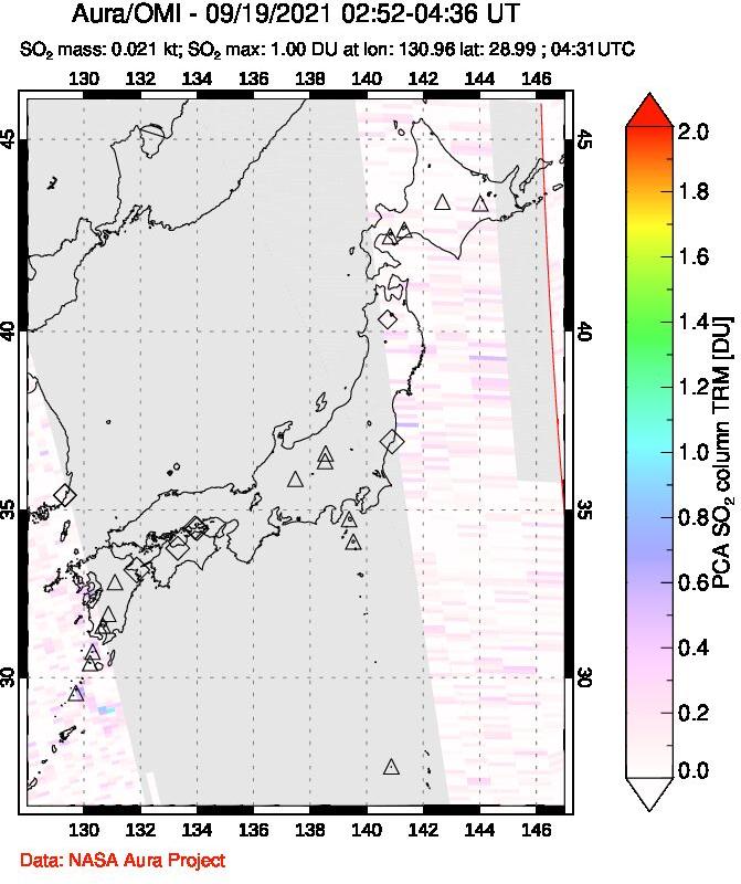 A sulfur dioxide image over Japan on Sep 19, 2021.