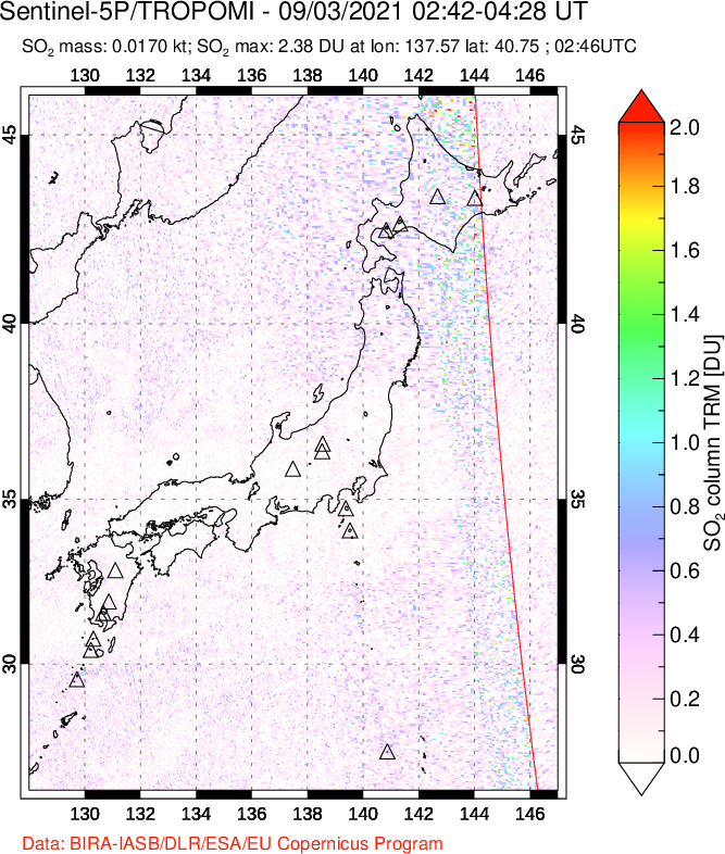 A sulfur dioxide image over Japan on Sep 03, 2021.
