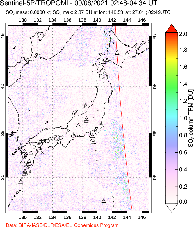A sulfur dioxide image over Japan on Sep 08, 2021.