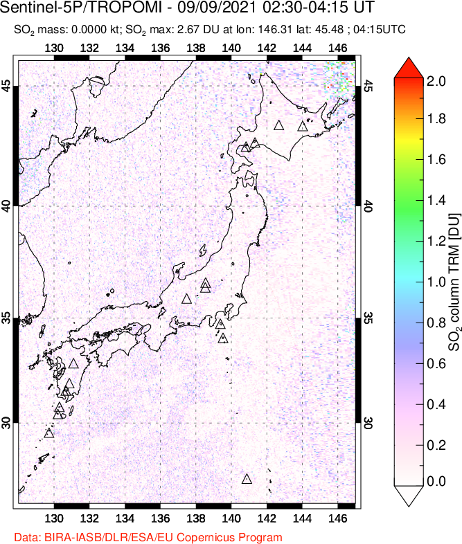 A sulfur dioxide image over Japan on Sep 09, 2021.