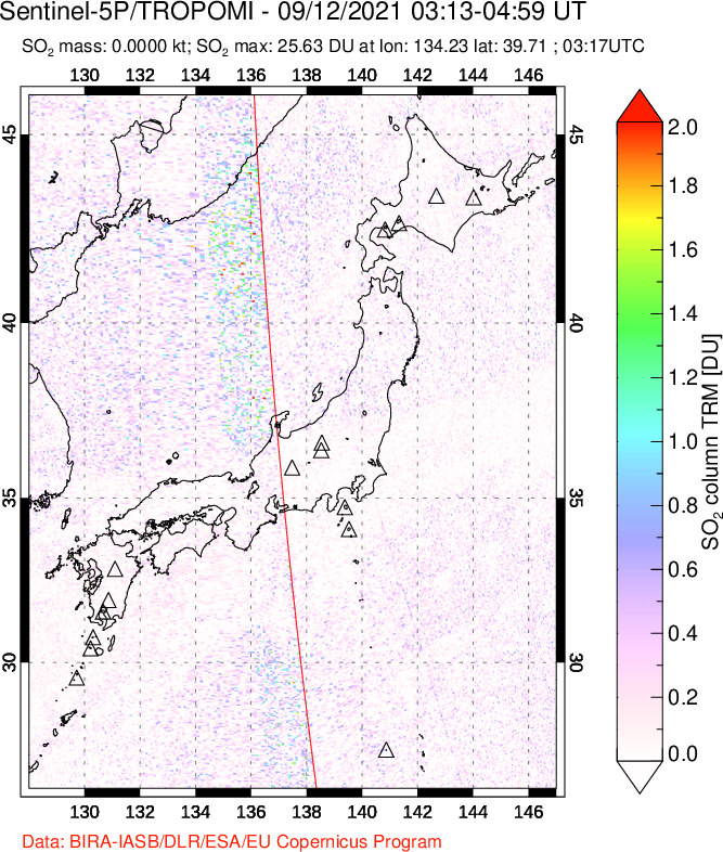 A sulfur dioxide image over Japan on Sep 12, 2021.