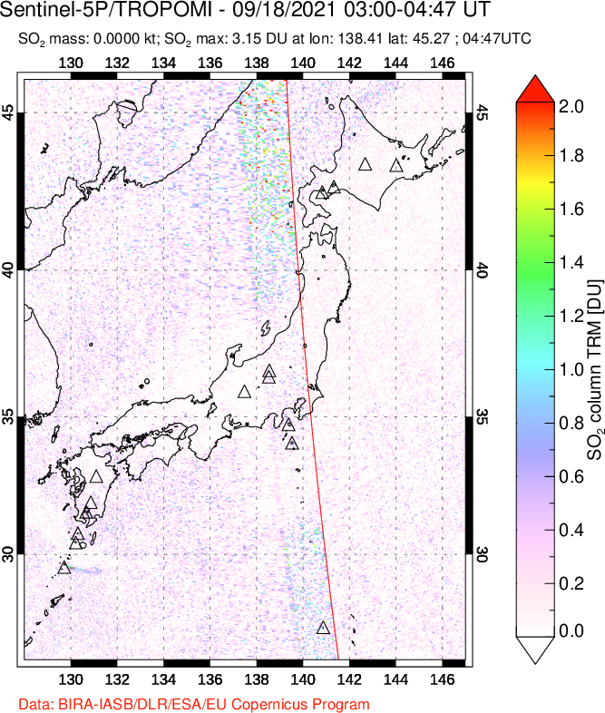 A sulfur dioxide image over Japan on Sep 18, 2021.