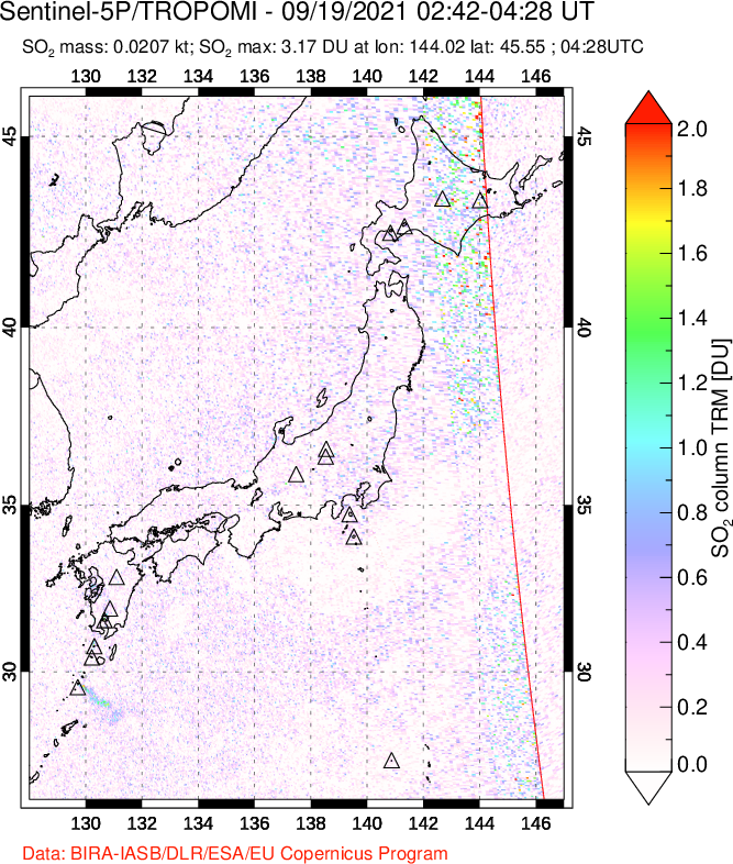A sulfur dioxide image over Japan on Sep 19, 2021.