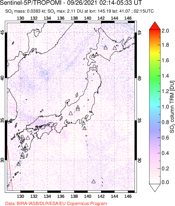 A sulfur dioxide image over Japan on Sep 26, 2021.