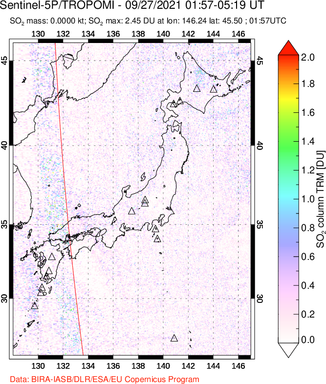 A sulfur dioxide image over Japan on Sep 27, 2021.
