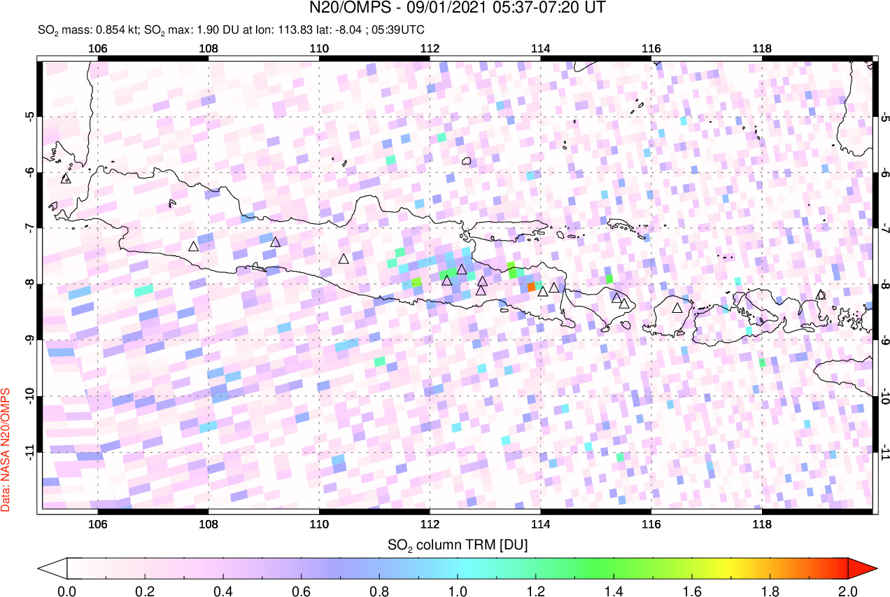 A sulfur dioxide image over Java, Indonesia on Sep 01, 2021.