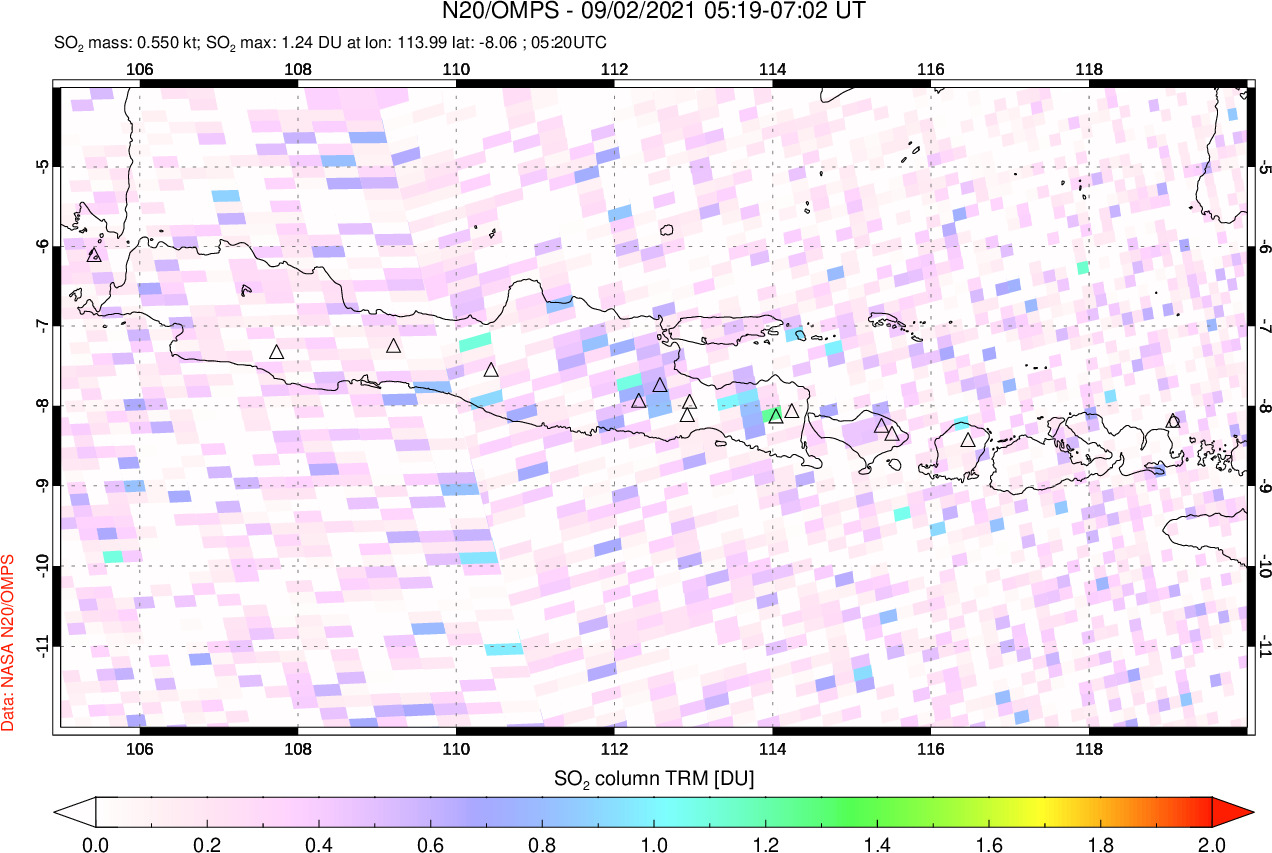 A sulfur dioxide image over Java, Indonesia on Sep 02, 2021.
