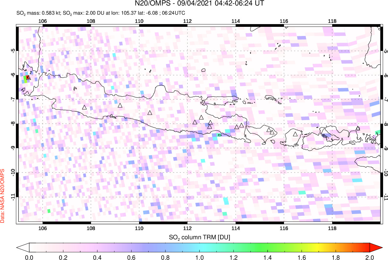 A sulfur dioxide image over Java, Indonesia on Sep 04, 2021.